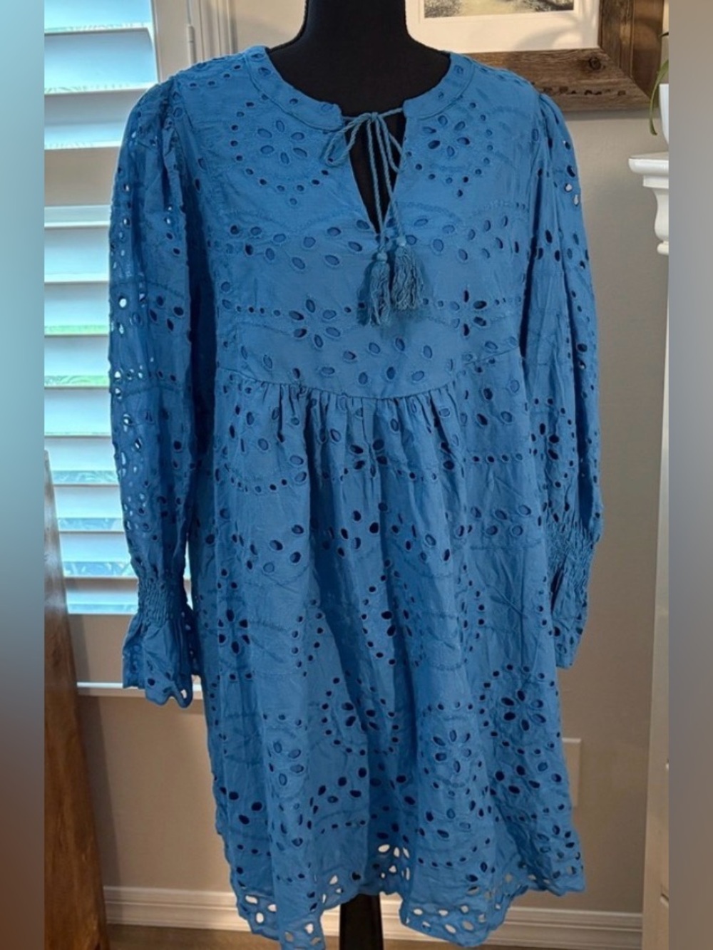 Eyelet Lace Midi Dress Sz L V Neck Puff 3/4 Sleeve boho summer lined